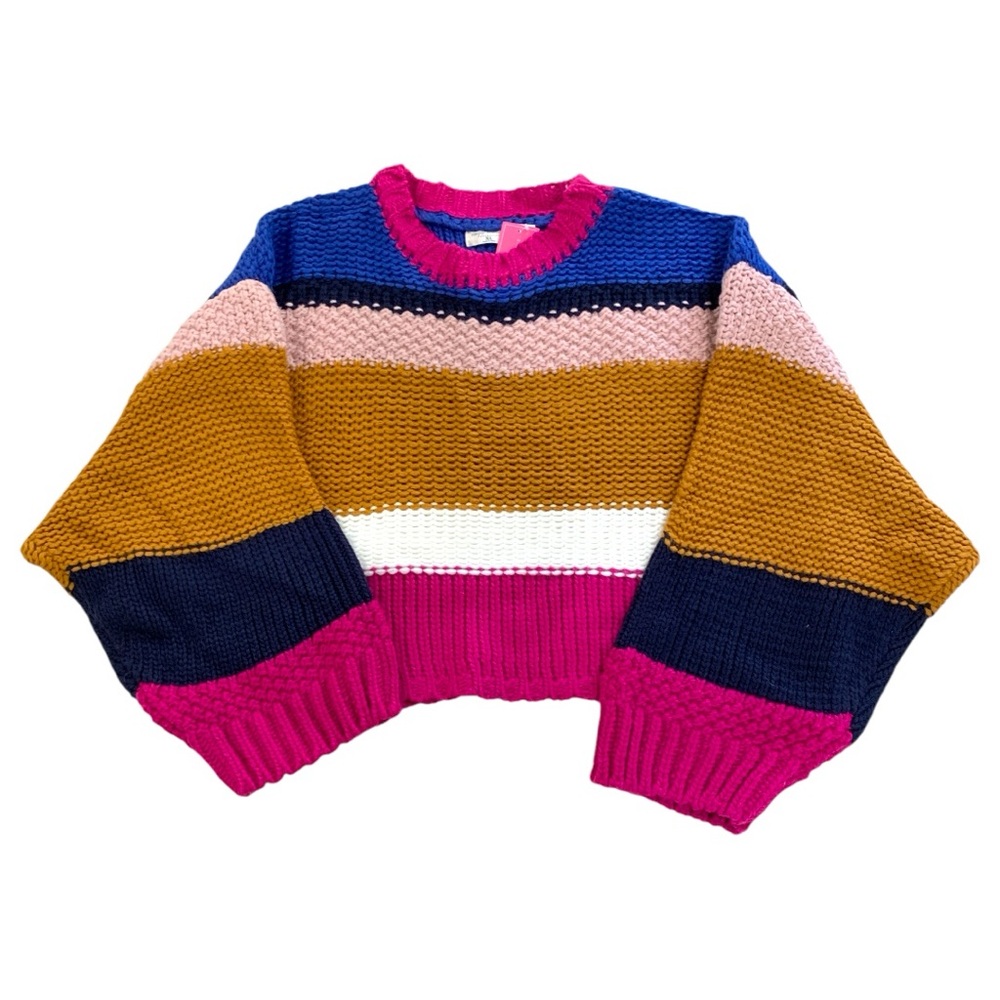 Oversized Cropped Stripe Sweater XL Colorblock Chunky Knit NWT - Picture 2 of 10